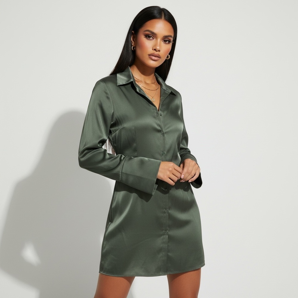 Abercrombie & Fitch Satin Shirt Dress in Olive Green